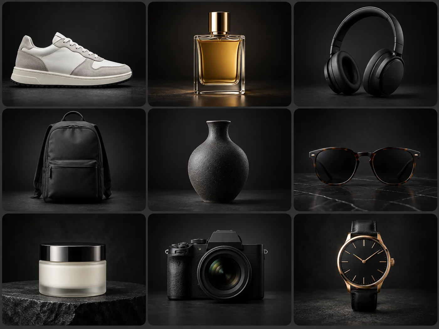 Collection of products on black backgrounds