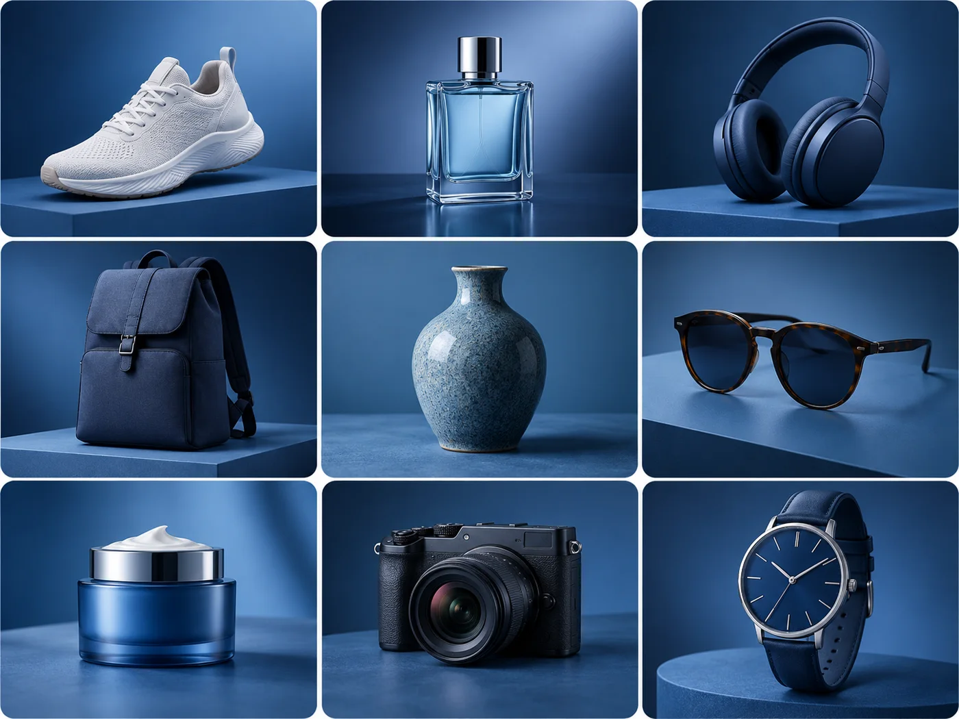 Collection of products on blue backgrounds