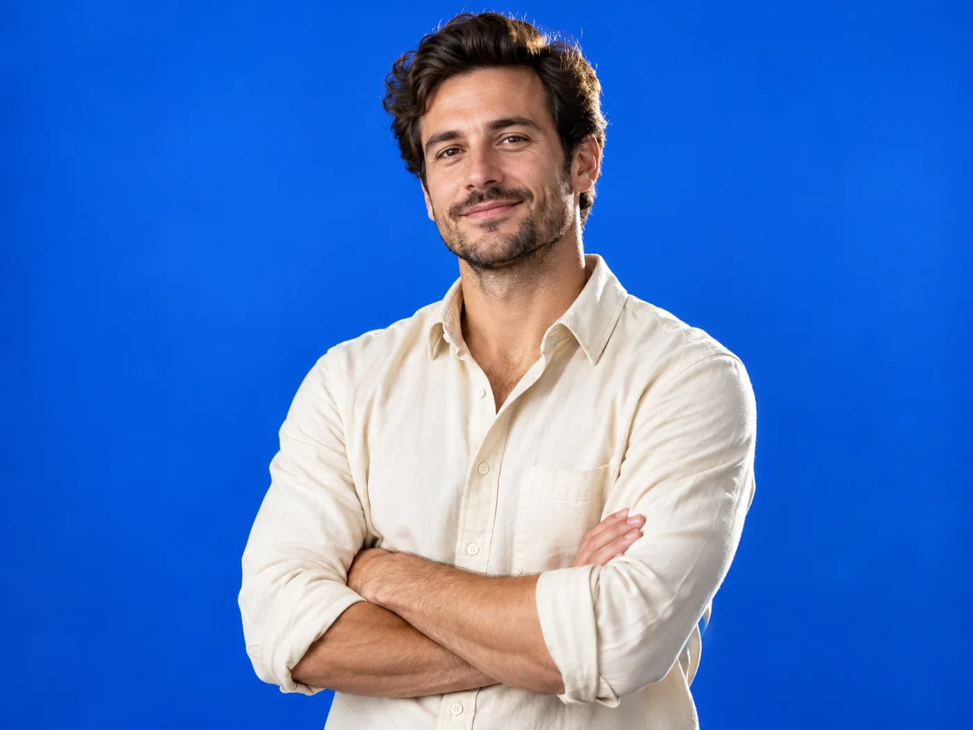 Professional portrait photographed against a clean blue studio background