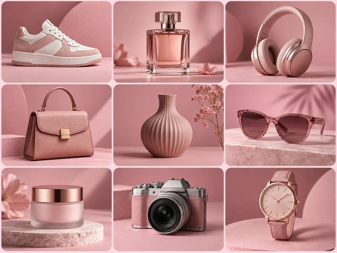 Collection of products on pink backgrounds