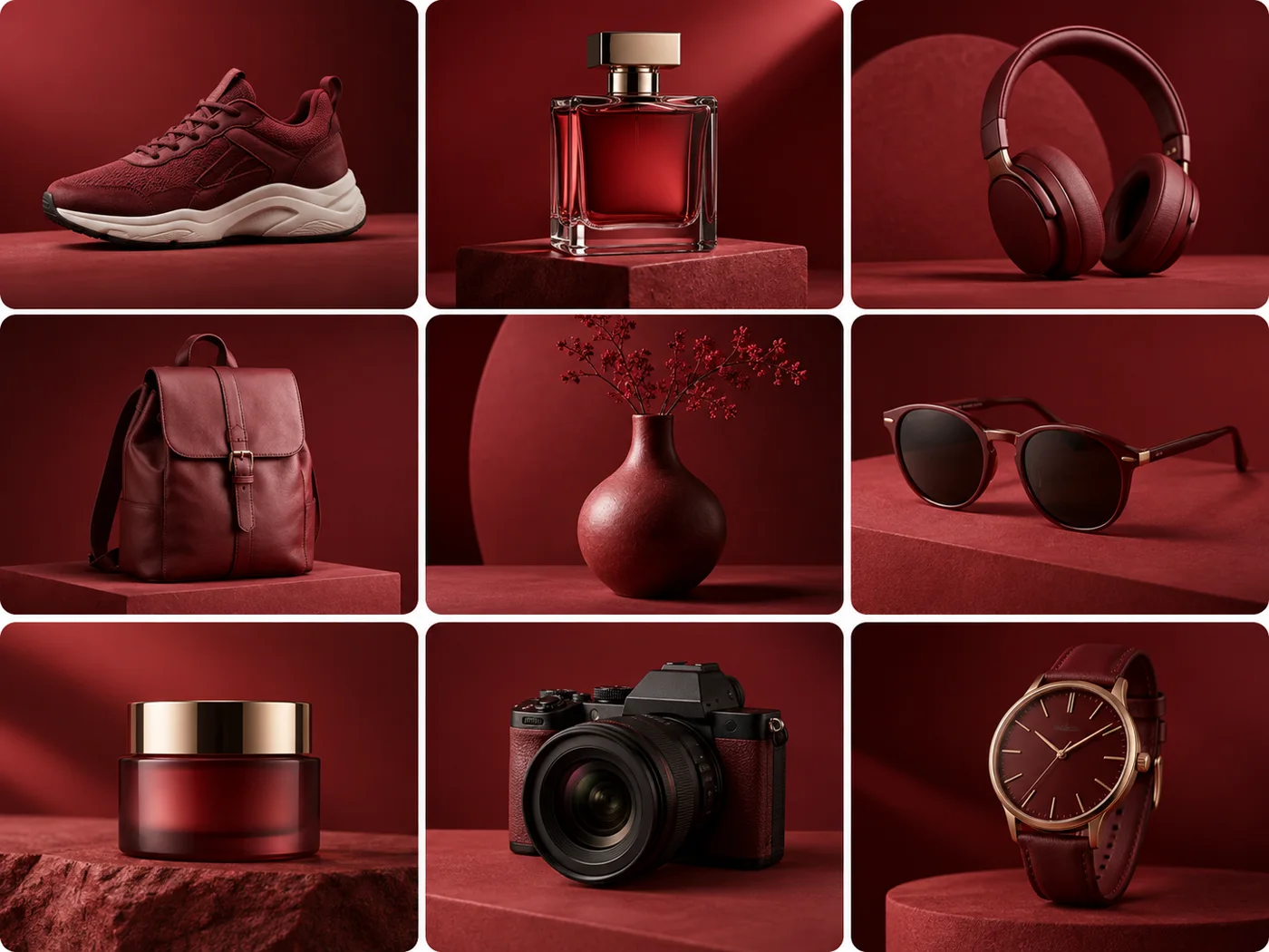 Collection of products on red backgrounds