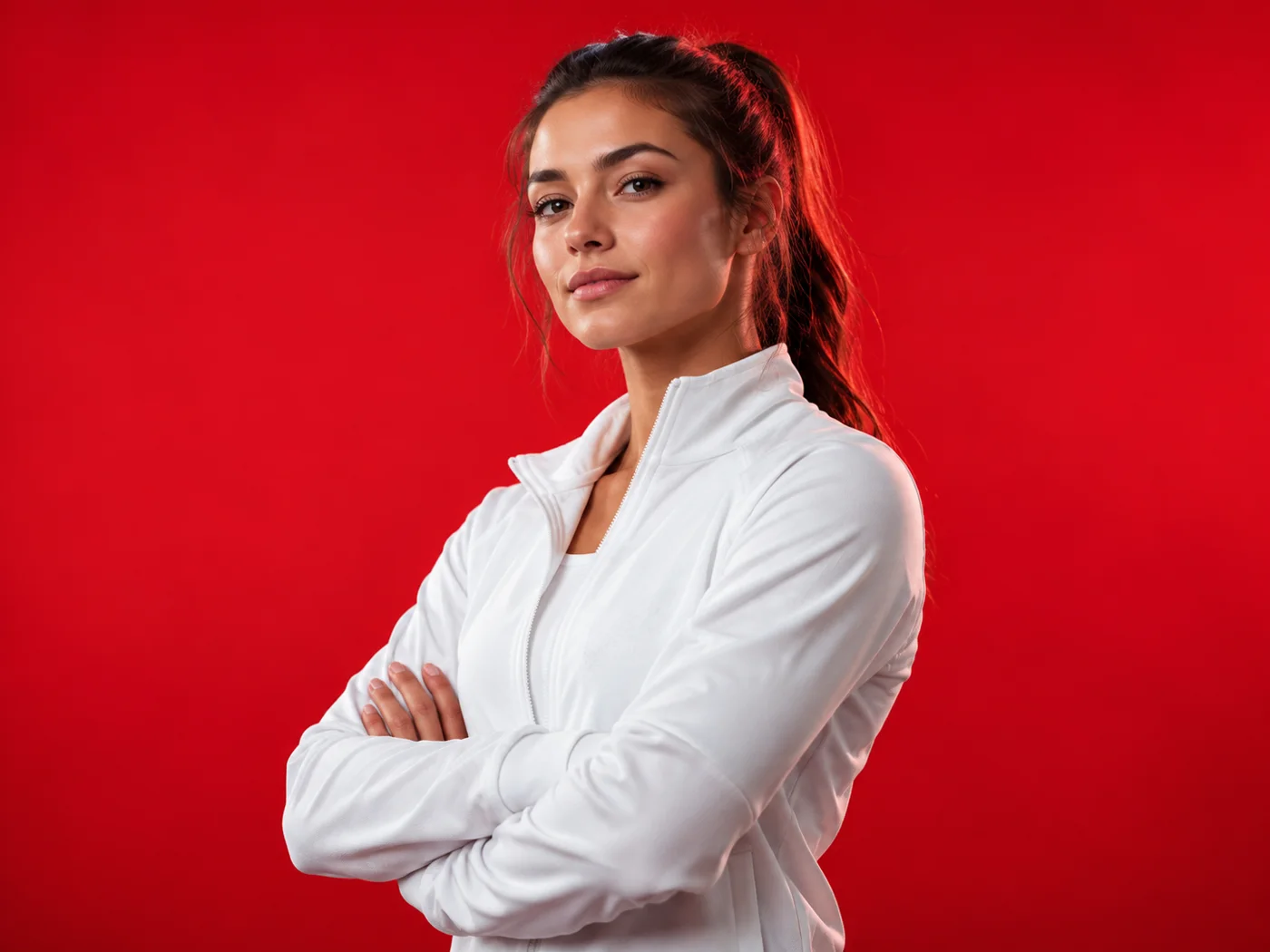 Athlete portrait photographed against a vivid red studio background